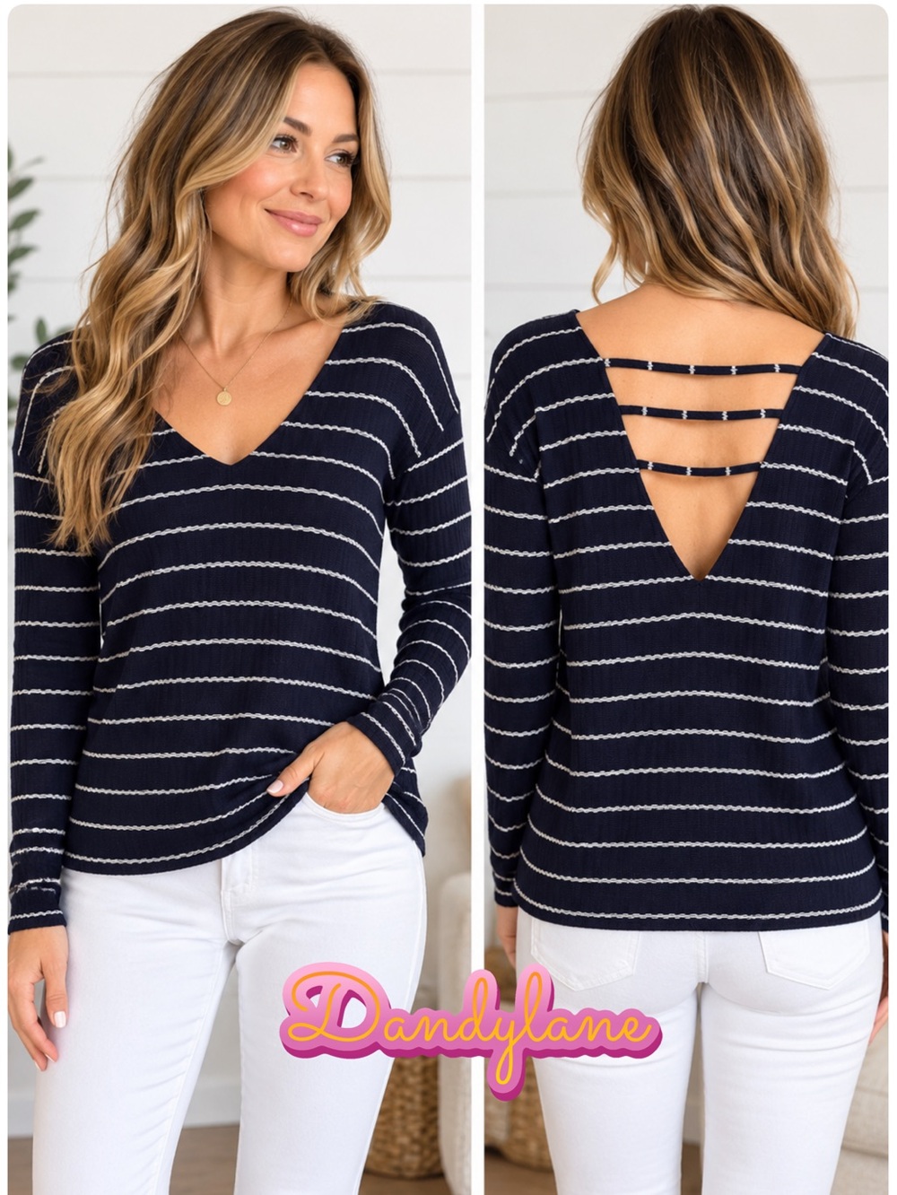 Chaser Navy White Striped Cutout Back V Neck Top M